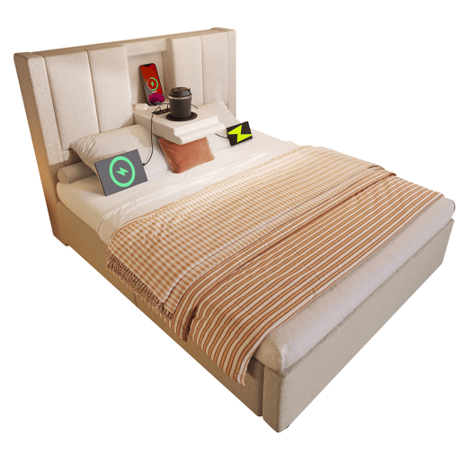 Cama estofada 90x200 cm - Com suporte para bebidas e estação de carregamento - Bege