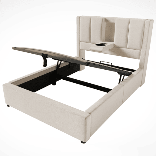 Cama estofada 90x200 cm - Com suporte para bebidas e estação de carregamento - Bege