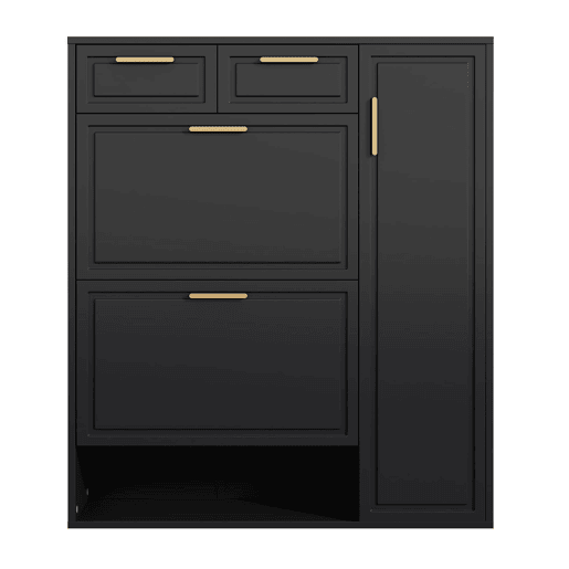 Sapateira moderna 95x24x107 cm - com prateleiras ajustáveis, puxadores dourados, gavetas e portas - Preto