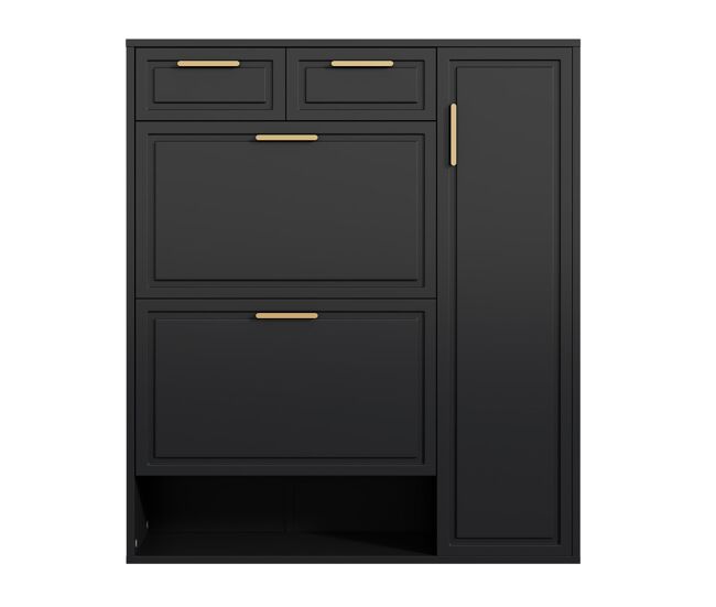 Zapatero moderno 95x24x107 cm - con estantes ajustables, asas doradas, cajones y puertas - negro