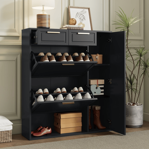 Sapateira moderna 95x24x107 cm - com prateleiras ajustáveis, puxadores dourados, gavetas e portas - Preto