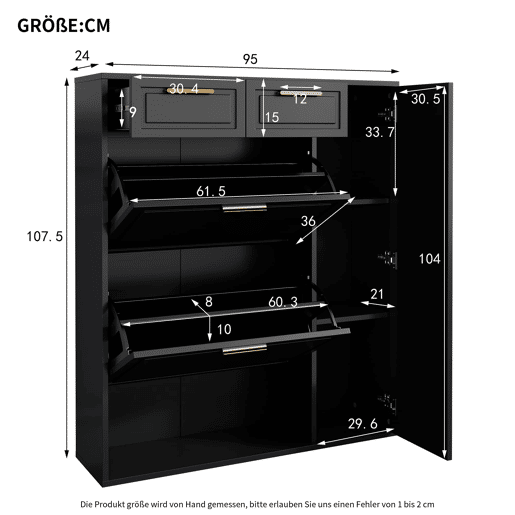 Sapateira moderna 95x24x107 cm - com prateleiras ajustáveis, puxadores dourados, gavetas e portas - Preto