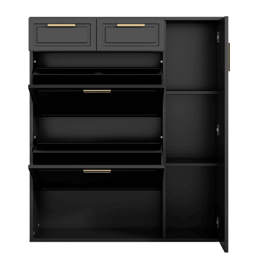 Sapateira moderna 95x24x107 cm - com prateleiras ajustáveis, puxadores dourados, gavetas e portas - Preto