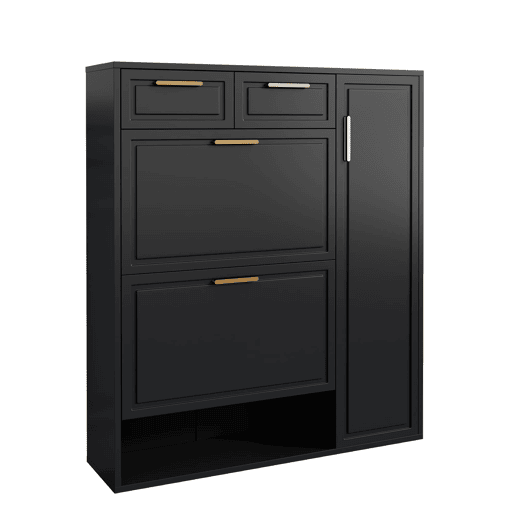 Sapateira moderna 95x24x107 cm - com prateleiras ajustáveis, puxadores dourados, gavetas e portas - Preto
