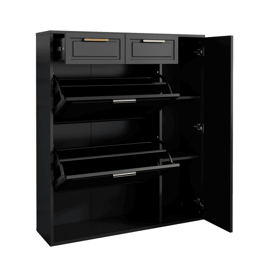 Sapateira moderna 95x24x107 cm - com prateleiras ajustáveis, puxadores dourados, gavetas e portas - Preto
