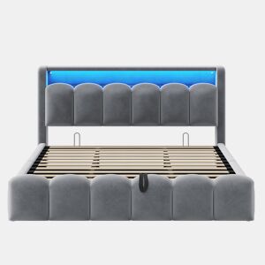 Cama multifuncional 180x200 cm - Com armazenamento hidráulico, USB, LED, design em pétalas, cinza