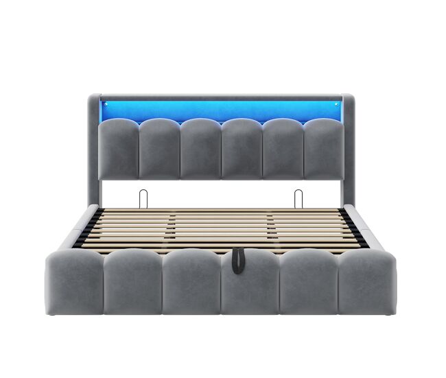 Cama multifuncional 180x200 cm - con almacenamiento hidráulico, usb, led, diseño de pétalos, gris