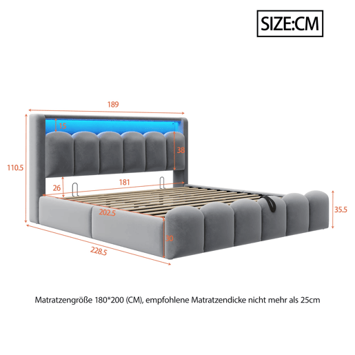 Cama multifuncional 180x200 cm - Com armazenamento hidráulico, USB, LED, design em pétalas, cinza