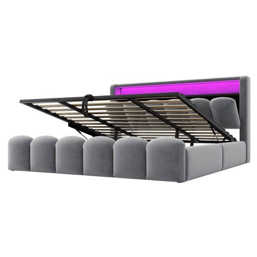 Cama multifuncional 180x200 cm - Com armazenamento hidráulico, USB, LED, design em pétalas, cinza