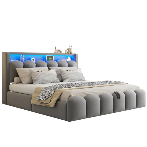 Cama multifuncional 180x200 cm - Com armazenamento hidráulico, USB, LED, design em pétalas, cinza