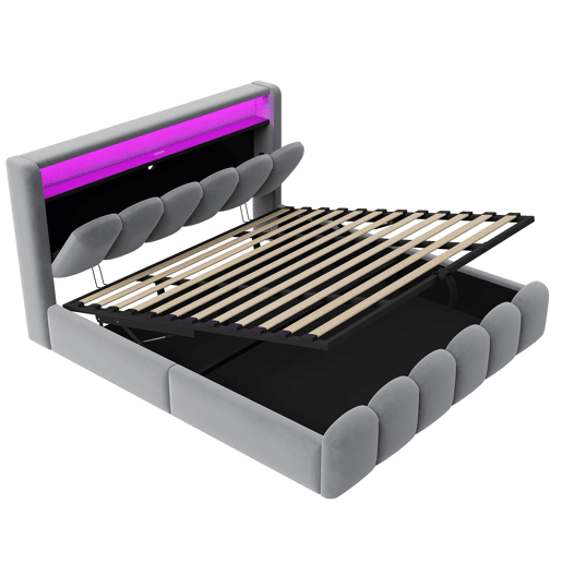 Cama multifuncional 180x200 cm - Com armazenamento hidráulico, USB, LED, design em pétalas, cinza