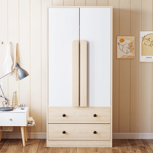 Armário roupeiro 70x40x170 cm - Porta dupla com gavetas e prateleiras - Natural+Branco