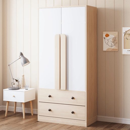 Armário roupeiro 70x40x170 cm - Porta dupla com gavetas e prateleiras - Natural+Branco