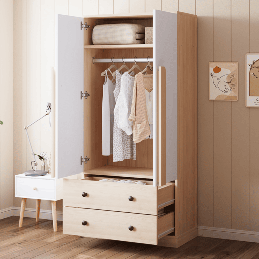 Armário roupeiro 70x40x170 cm - Porta dupla com gavetas e prateleiras - Natural+Branco