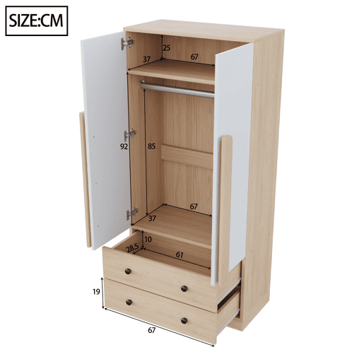 Armário roupeiro 70x40x170 cm - Porta dupla com gavetas e prateleiras - Natural+Branco