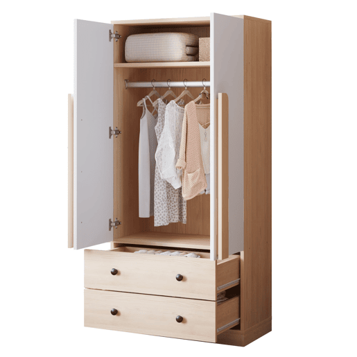 Armário roupeiro 70x40x170 cm - Porta dupla com gavetas e prateleiras - Natural+Branco