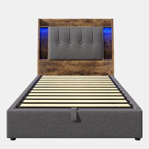 Cama estofada 90x200 cm - Carregamento USB Tipo C, Armazenamento multifuncional, Iluminação LED, Cinza