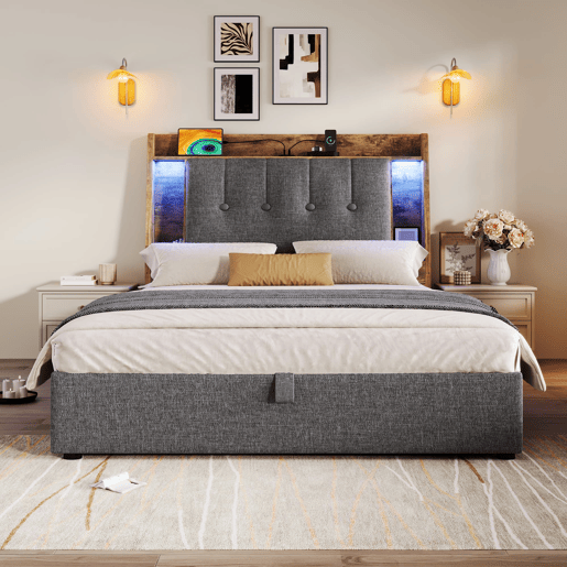 Cama estofada 90x200 cm - Carregamento USB Tipo C, Armazenamento multifuncional, Iluminação LED, Cinza