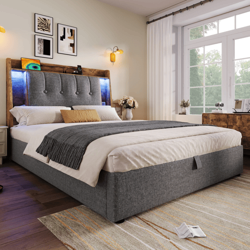 Cama estofada 90x200 cm - Carregamento USB Tipo C, Armazenamento multifuncional, Iluminação LED, Cinza