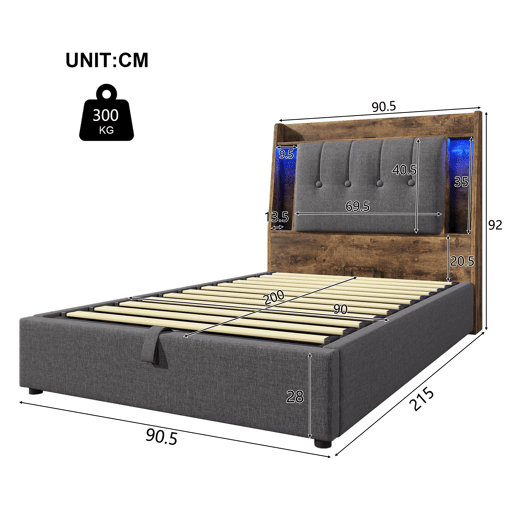 Cama estofada 90x200 cm - Carregamento USB Tipo C, Armazenamento multifuncional, Iluminação LED, Cinza