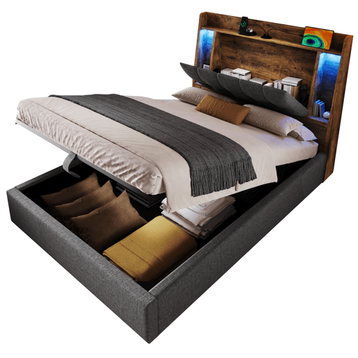 Cama estofada 90x200 cm - Carregamento USB Tipo C, Armazenamento multifuncional, Iluminação LED, Cinza