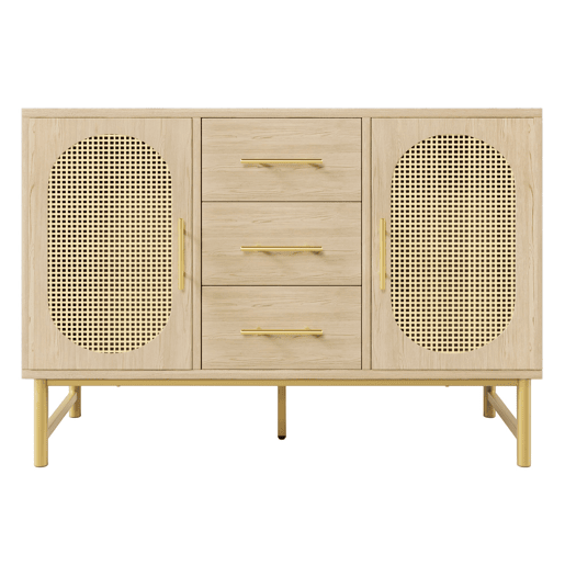 Cômoda Rattan 120x40x74 cm - 3 gavetas, 2 portas de rattan, prateleiras ajustáveis, Sonoma Roble