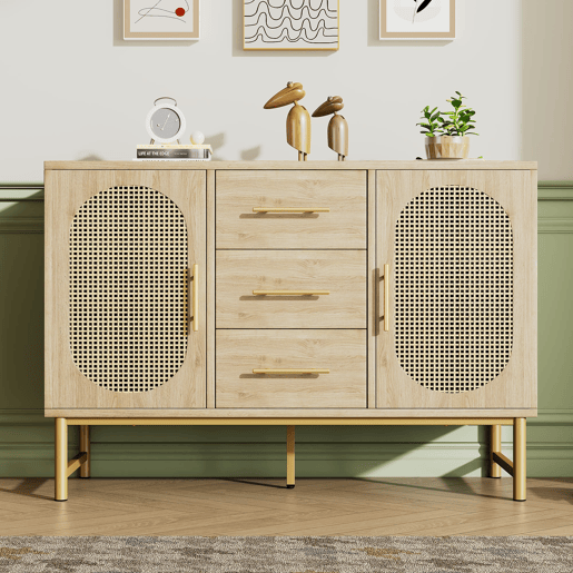 Cômoda Rattan 120x40x74 cm - 3 gavetas, 2 portas de rattan, prateleiras ajustáveis, Sonoma Roble