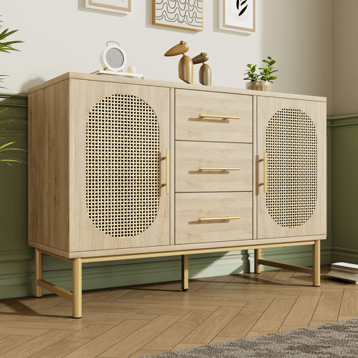Cômoda Rattan 120x40x74 cm - 3 gavetas, 2 portas de rattan, prateleiras ajustáveis, Sonoma Roble