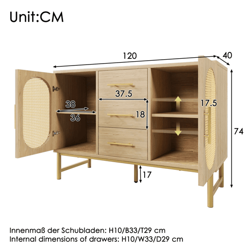 Cômoda Rattan 120x40x74 cm - 3 gavetas, 2 portas de rattan, prateleiras ajustáveis, Sonoma Roble