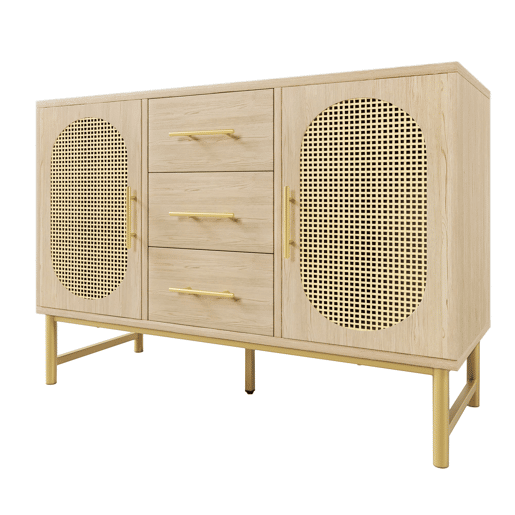 Cômoda Rattan 120x40x74 cm - 3 gavetas, 2 portas de rattan, prateleiras ajustáveis, Sonoma Roble