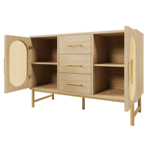 Cômoda Rattan 120x40x74 cm - 3 gavetas, 2 portas de rattan, prateleiras ajustáveis, Sonoma Roble