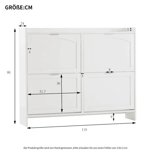 Sapateira moderna 110x90x24 cm - 4 compartimentos rebatíveis, prateleira livre, arrumação aberta - Branco