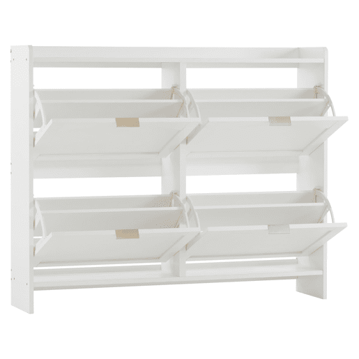 Sapateira moderna 110x90x24 cm - 4 compartimentos rebatíveis, prateleira livre, arrumação aberta - Branco