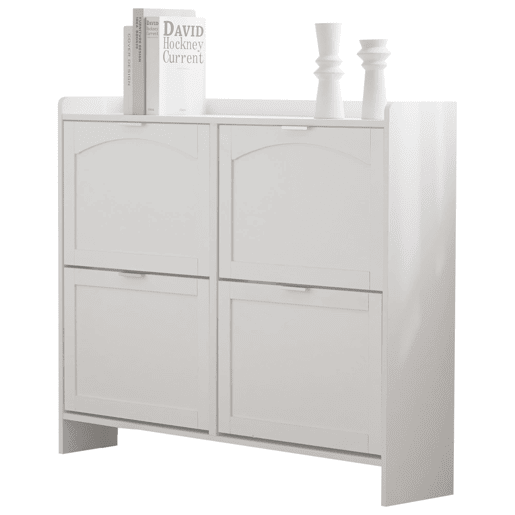 Sapateira moderna 110x90x24 cm - 4 compartimentos rebatíveis, prateleira livre, arrumação aberta - Branco