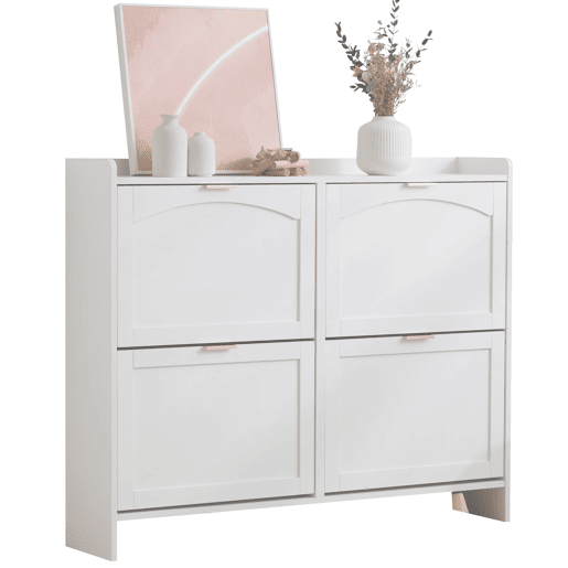 Sapateira moderna 110x90x24 cm - 4 compartimentos rebatíveis, prateleira livre, arrumação aberta - Branco