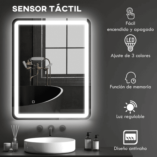 HOMCOM Espelho Casa de banho com Luzes LED 70x90 cm Espelho de Parede Antiembaciamento com 3 Temperaturas de Cor Ajustável e Função de Memória Horizontal e Vertical Prata