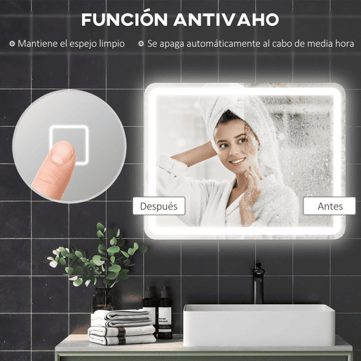 HOMCOM Espelho Casa de banho com Luzes LED 70x90 cm Espelho de Parede Antiembaciamento com 3 Temperaturas de Cor Ajustável e Função de Memória Horizontal e Vertical Prata