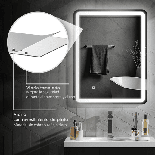 HOMCOM Espelho Casa de banho com Luzes LED 70x90 cm Espelho de Parede Antiembaciamento com 3 Temperaturas de Cor Ajustável e Função de Memória Horizontal e Vertical Prata