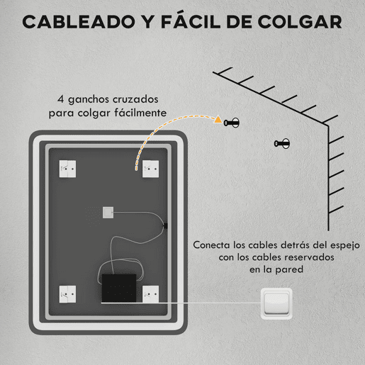 HOMCOM Espelho Casa de banho com Luzes LED 70x90 cm Espelho de Parede Antiembaciamento com 3 Temperaturas de Cor Ajustável e Função de Memória Horizontal e Vertical Prata