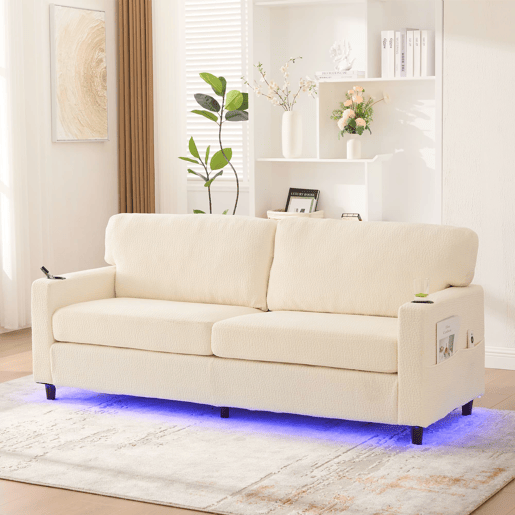 Sofá de chenille de 2 lugares - USB-C, LED ambiente, porta-copos, bolsos laterais - Bege