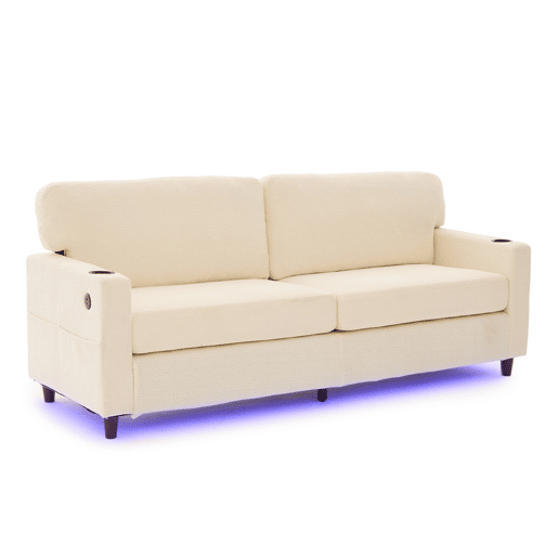 Sofá de chenille de 2 lugares - USB-C, LED ambiente, porta-copos, bolsos laterais - Bege