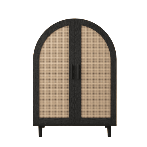 Aparador sapateira com 3 prateleiras - portas em rattan, design arredondado - Natural+Preto