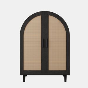 Aparador sapateira com 3 prateleiras - portas em rattan, design arredondado - Natural+Preto