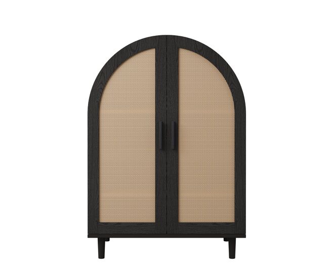 Aparador zapatero 3 estantes - puertas de ratán, diseño redondeado - natural+negro