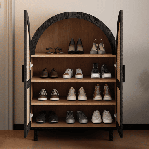 Aparador sapateira com 3 prateleiras - portas em rattan, design arredondado - Natural+Preto