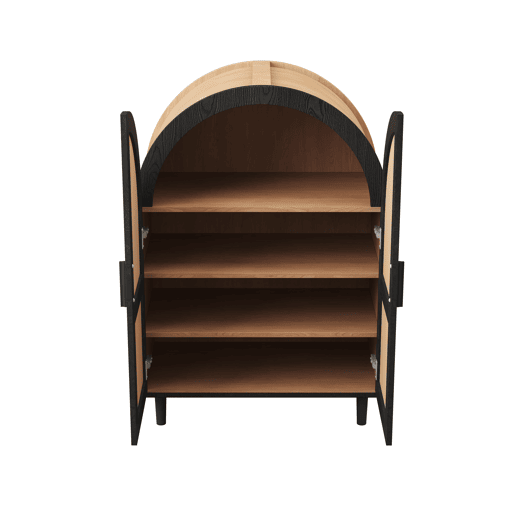 Aparador sapateira com 3 prateleiras - portas em rattan, design arredondado - Natural+Preto
