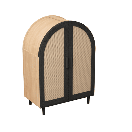 Aparador sapateira com 3 prateleiras - portas em rattan, design arredondado - Natural+Preto
