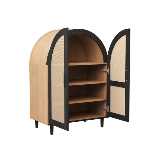 Aparador sapateira com 3 prateleiras - portas em rattan, design arredondado - Natural+Preto
