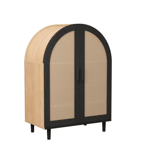 Aparador sapateira com 3 prateleiras - portas em rattan, design arredondado - Natural+Preto