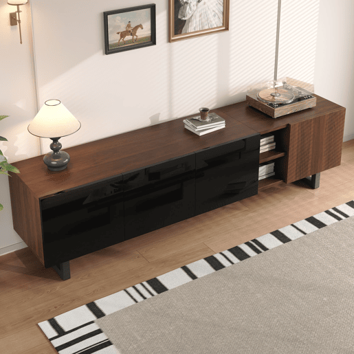 Móvel de TV 180x38 cm - 4 portas, baixo, design vintage - Preto e Natural